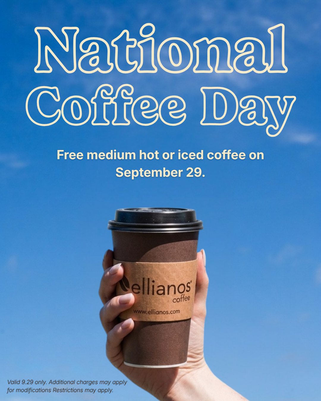 n September 29th only, every guest who stops by a participating Ellianos Coffee location can enjoy one free medium hot or iced coffee, on the house.