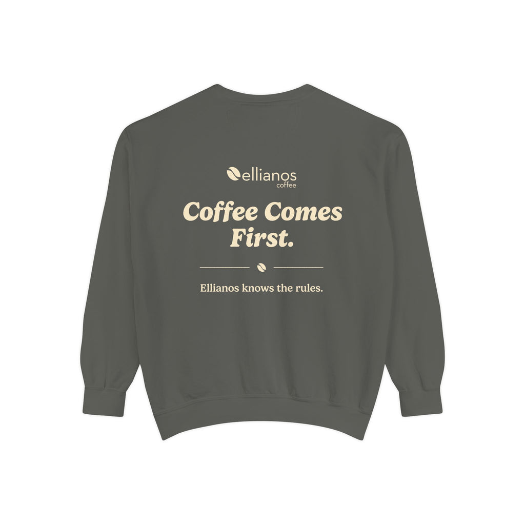 Ellianos Coffee Comes First Crewneck crewneck sweatshirt, detail view