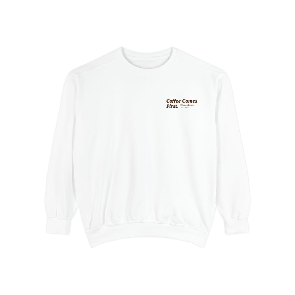 Ellianos Coffee Comes First Crewneck crewneck sweatshirt, three-quarter view