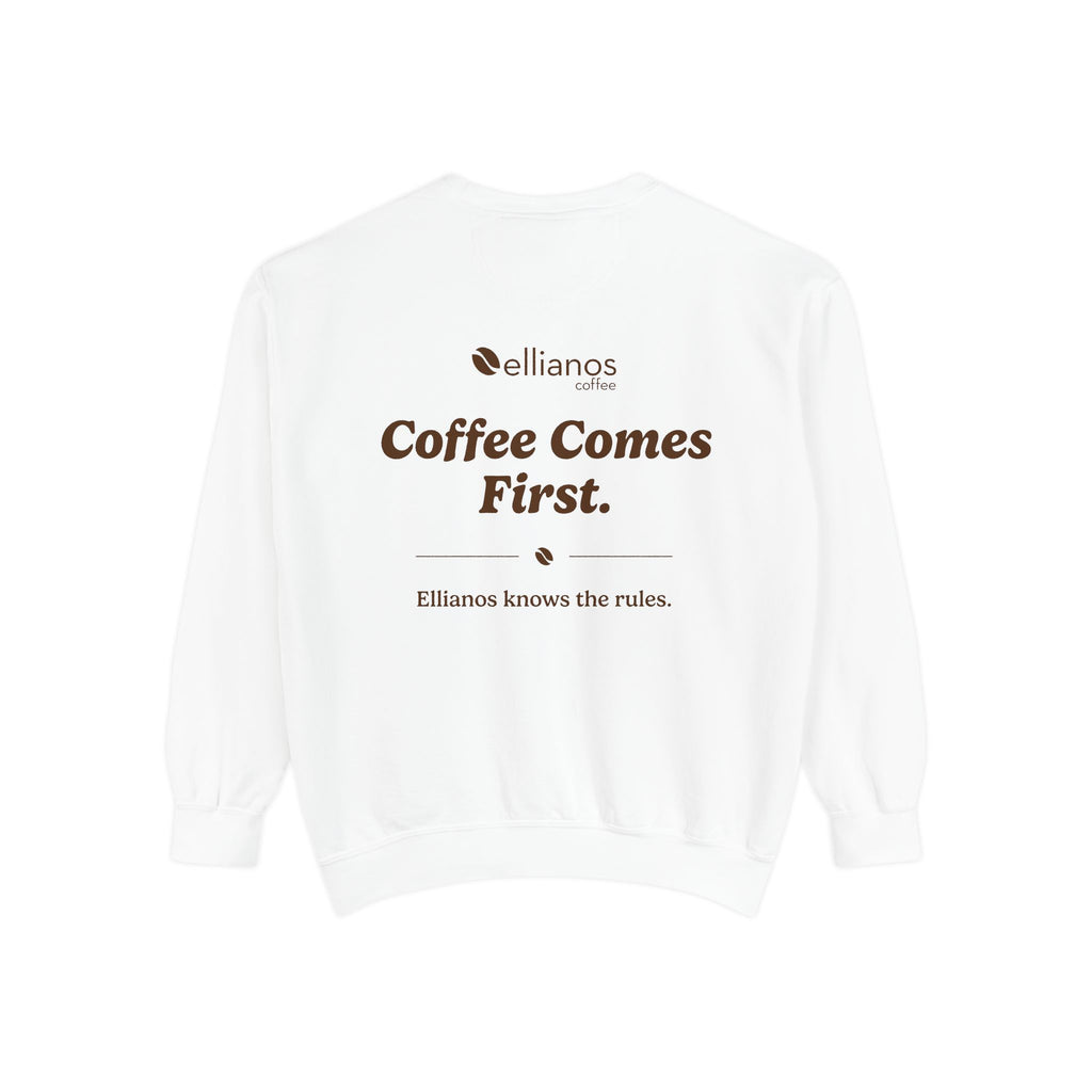Ellianos Coffee Comes First Crewneck crewneck sweatshirt, side view