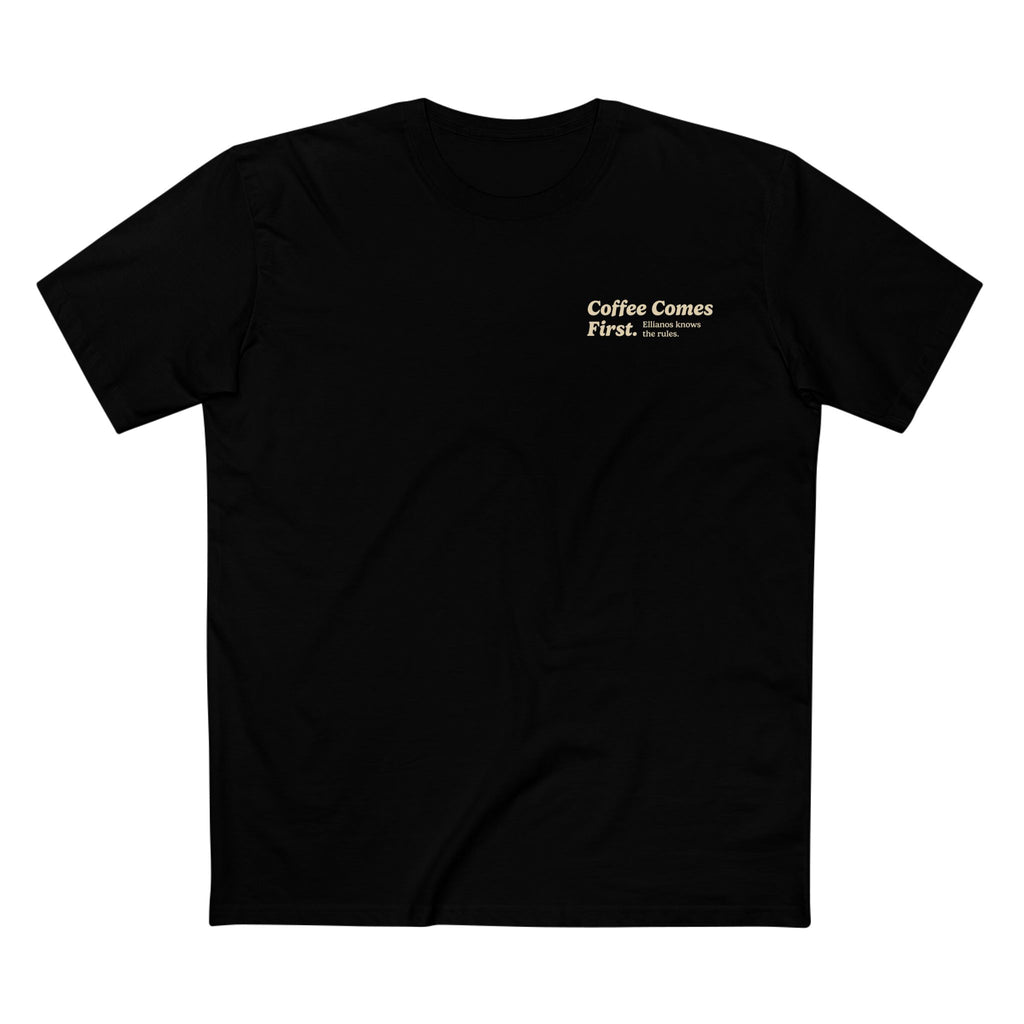 Ellianos Coffee Comes First T-Shirt t-shirt, worn on model, side