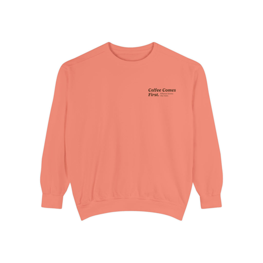 Ellianos Coffee Comes First Crewneck crewneck sweatshirt, worn on model, back