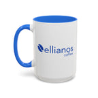 Ellianos On a Coffee Break Mug blue ceramic mug, angled view with handle visible