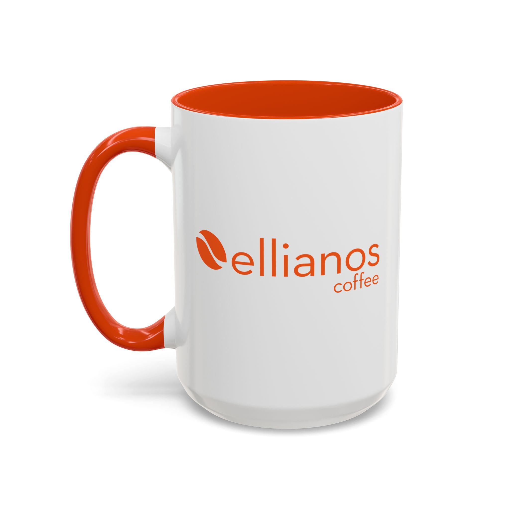 Ellianos Coffee Comes First Mug orange ceramic mug, angled view with handle visible