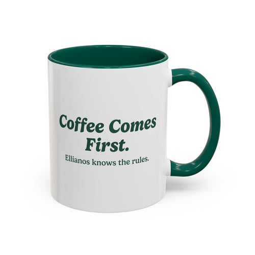 Ellianos Coffee Comes First Mug green ceramic mug with printed design, front view