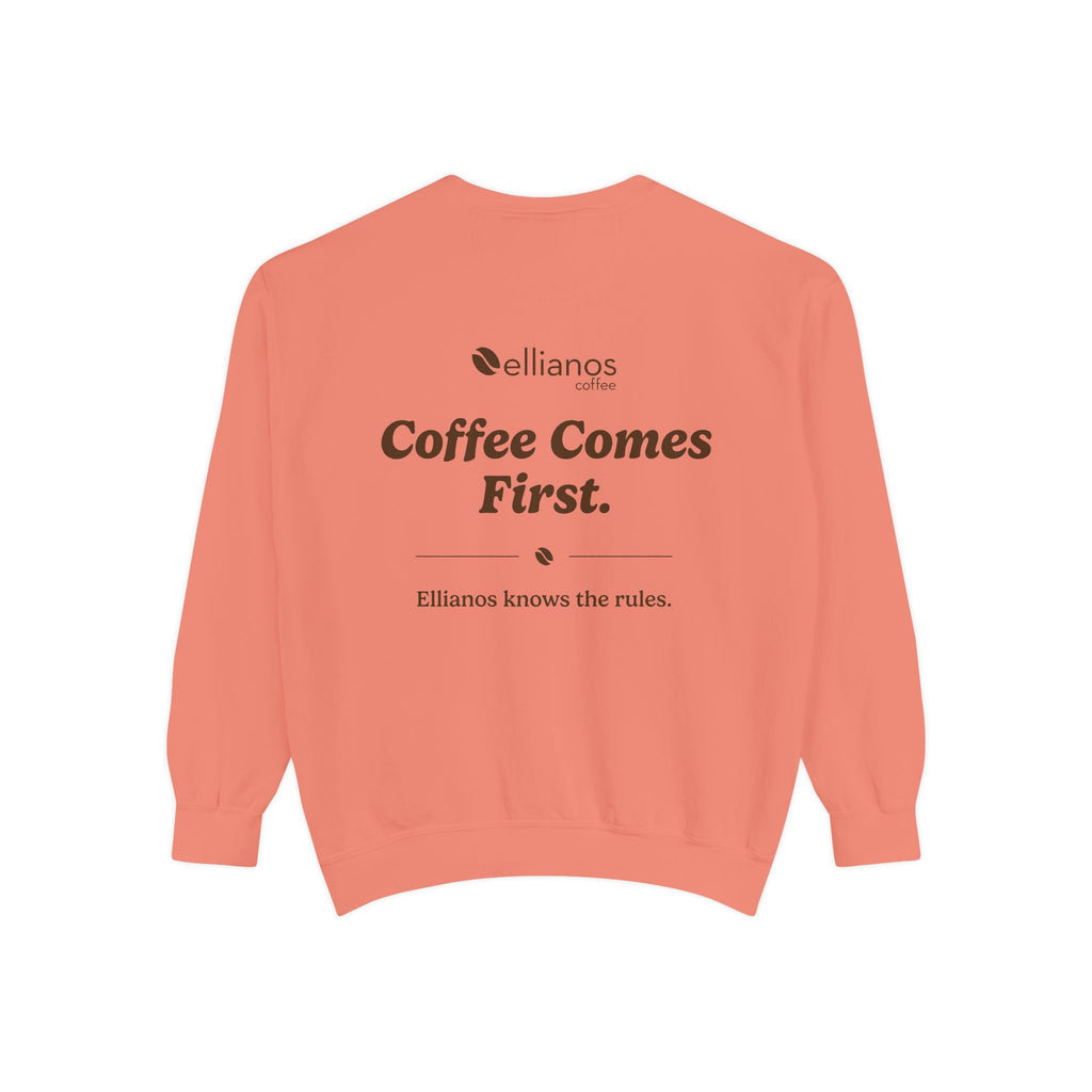 Ellianos Coffee Comes First Crewneck crewneck sweatshirt, worn on model, side