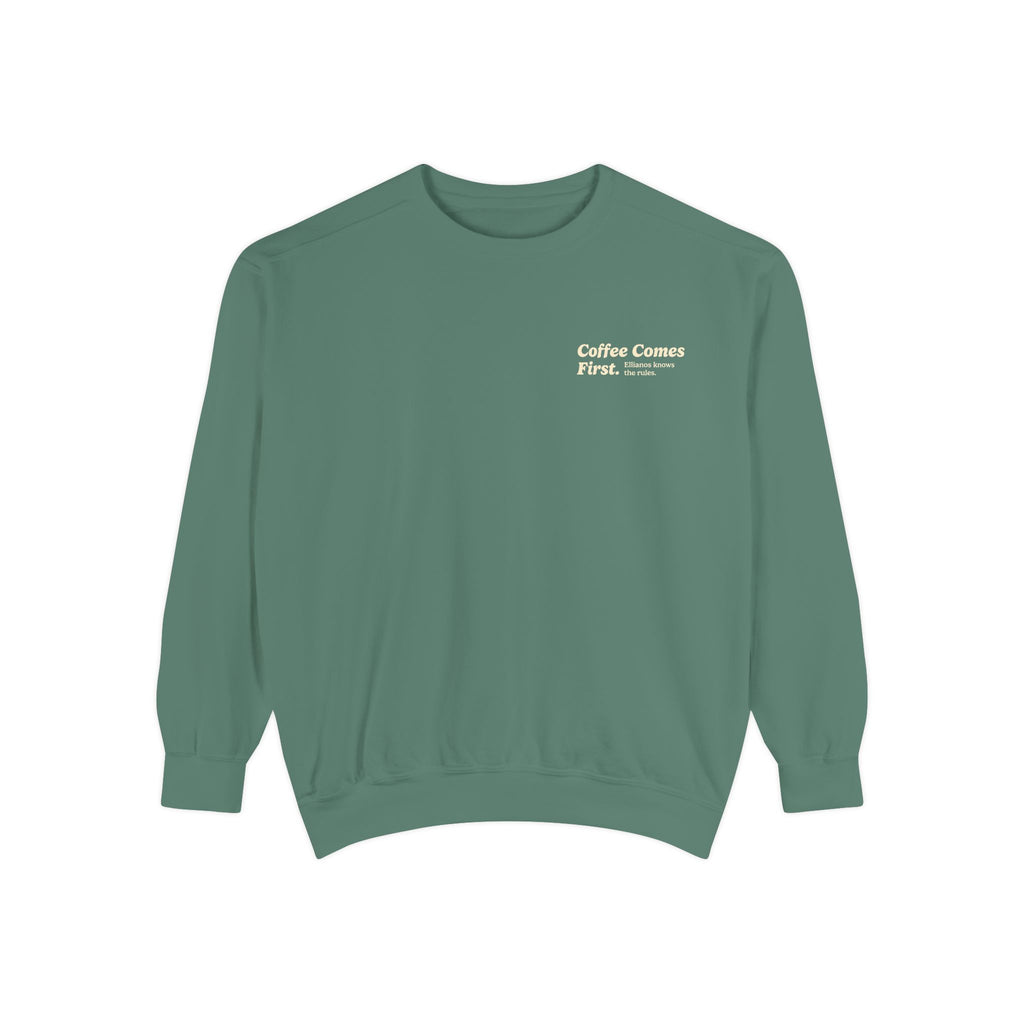 Ellianos Coffee Comes First Crewneck crewneck sweatshirt, close-up of print detail