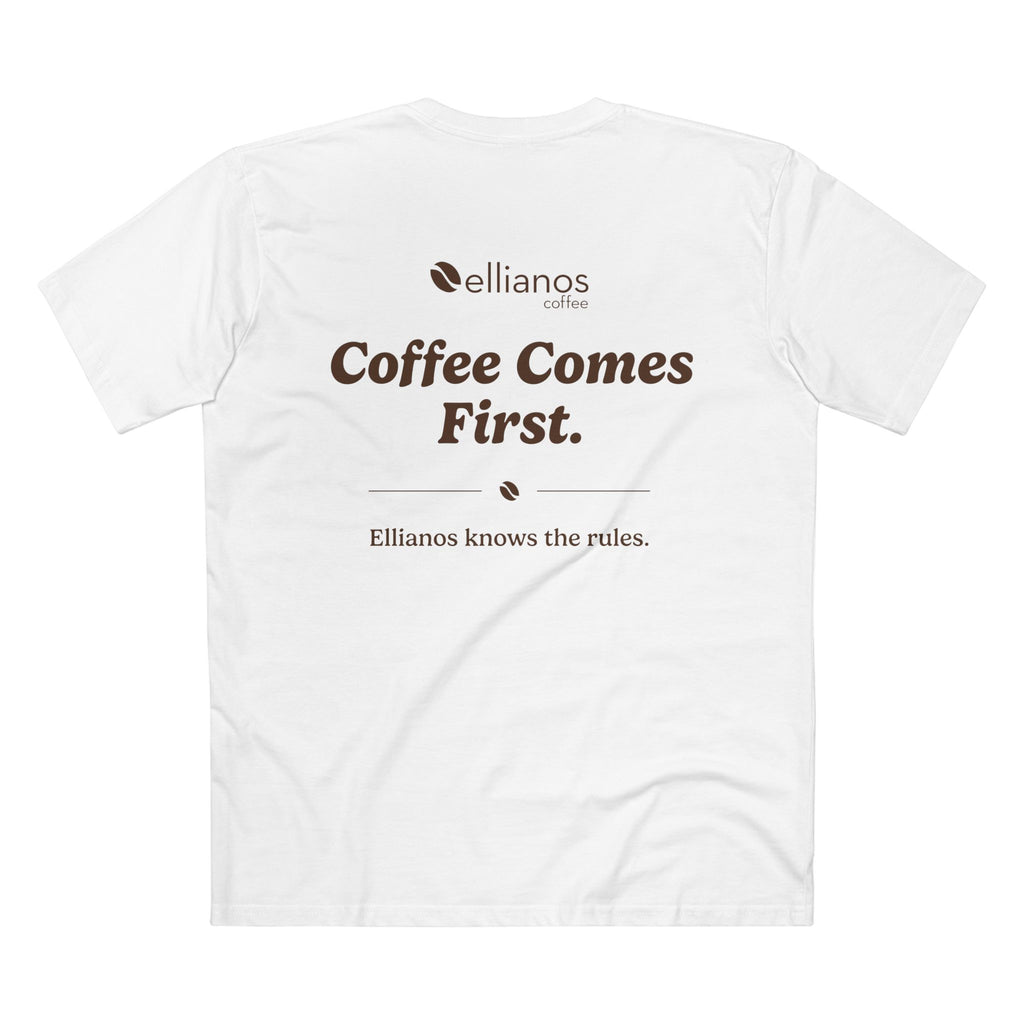 Ellianos Coffee Comes First T-Shirt t-shirt, worn on model, front