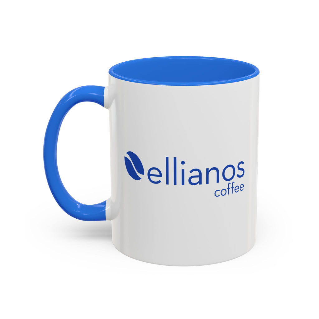 Ellianos It's Too Early For This Mug blue ceramic mug showing handle side