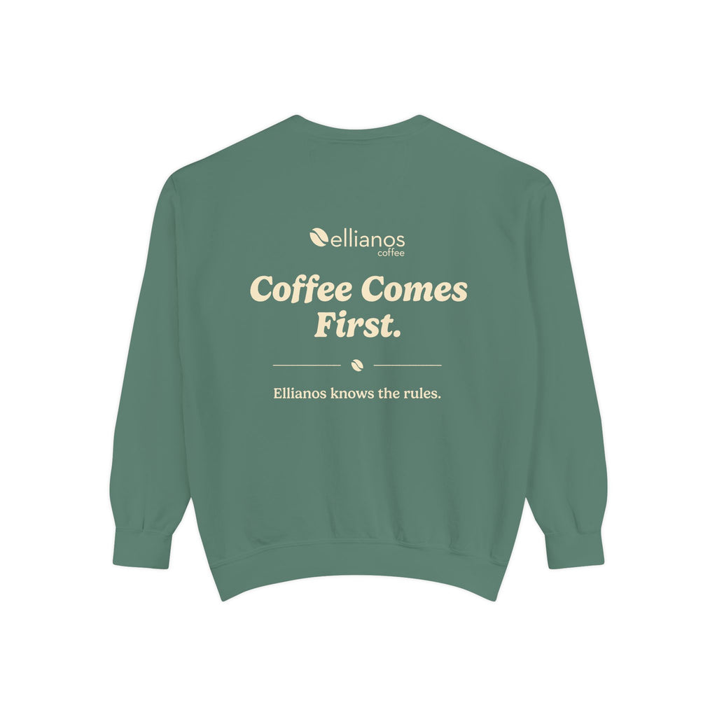 Ellianos Coffee Comes First Crewneck crewneck sweatshirt, worn on model, front