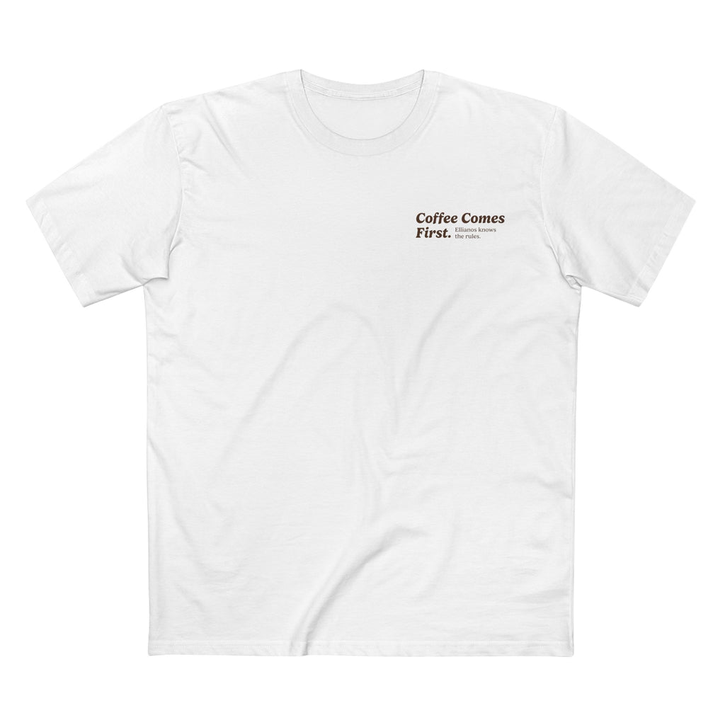 Ellianos Coffee Comes First T-Shirt t-shirt, close-up of print detail
