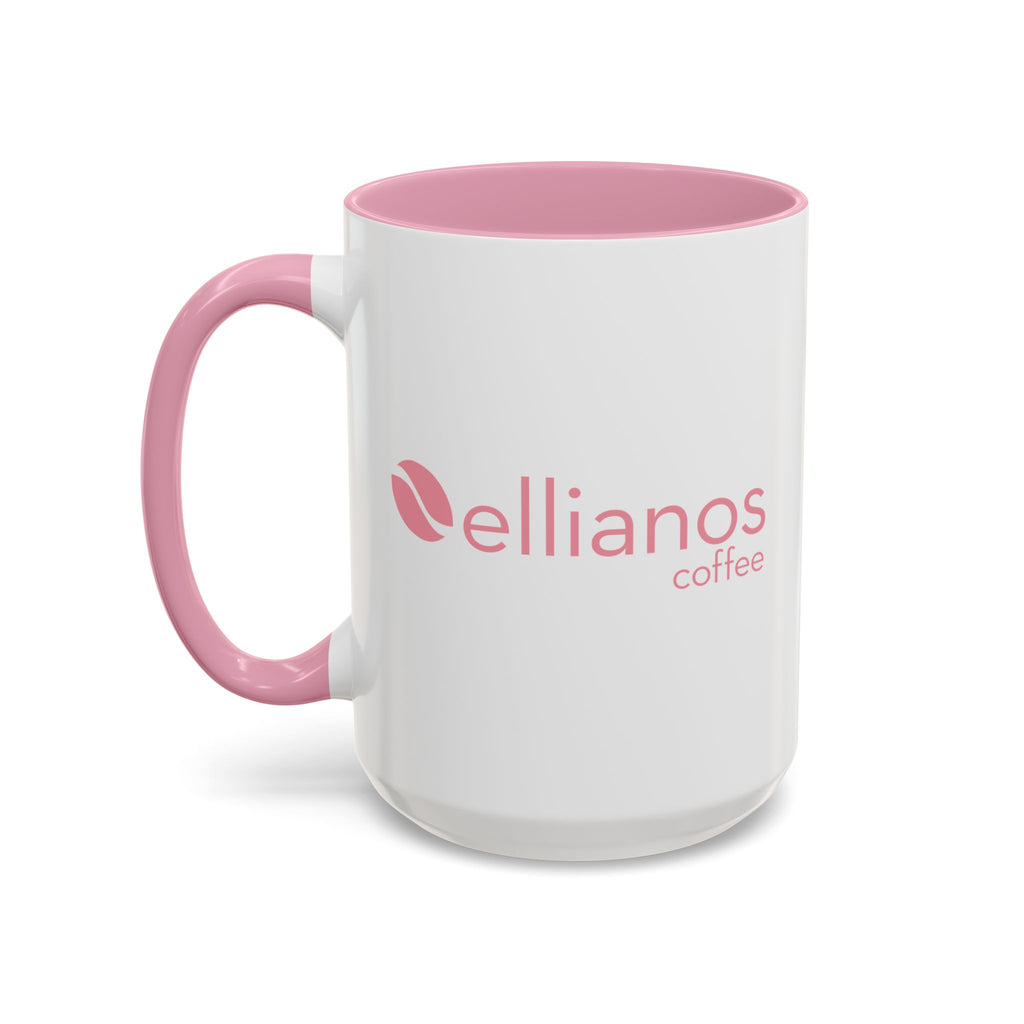 Ellianos On a Coffee Break Mug pink ceramic mug, angled view with handle visible