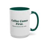 Ellianos Coffee Comes First Mug green ceramic mug showing back of design