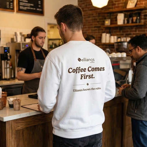 Ellianos Coffee Comes First Crewneck crewneck sweatshirt, front design view