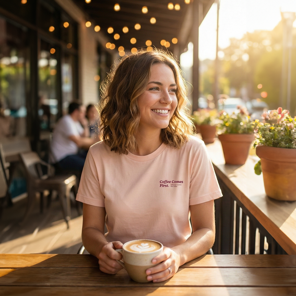 Ellianos Coffee Comes First T-Shirt t-shirt, back design view