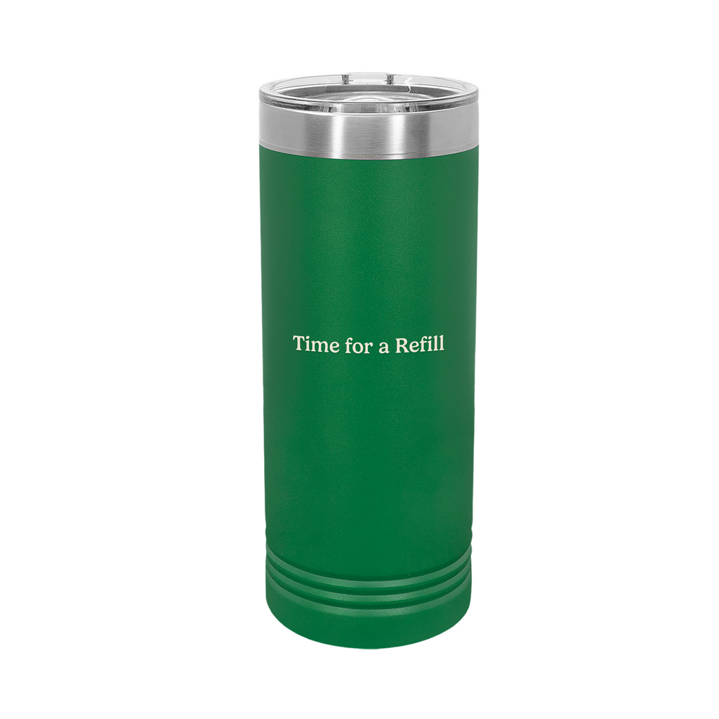 Ellianos Time for a Refill Tumbler insulated tumbler with lid, front view showing design