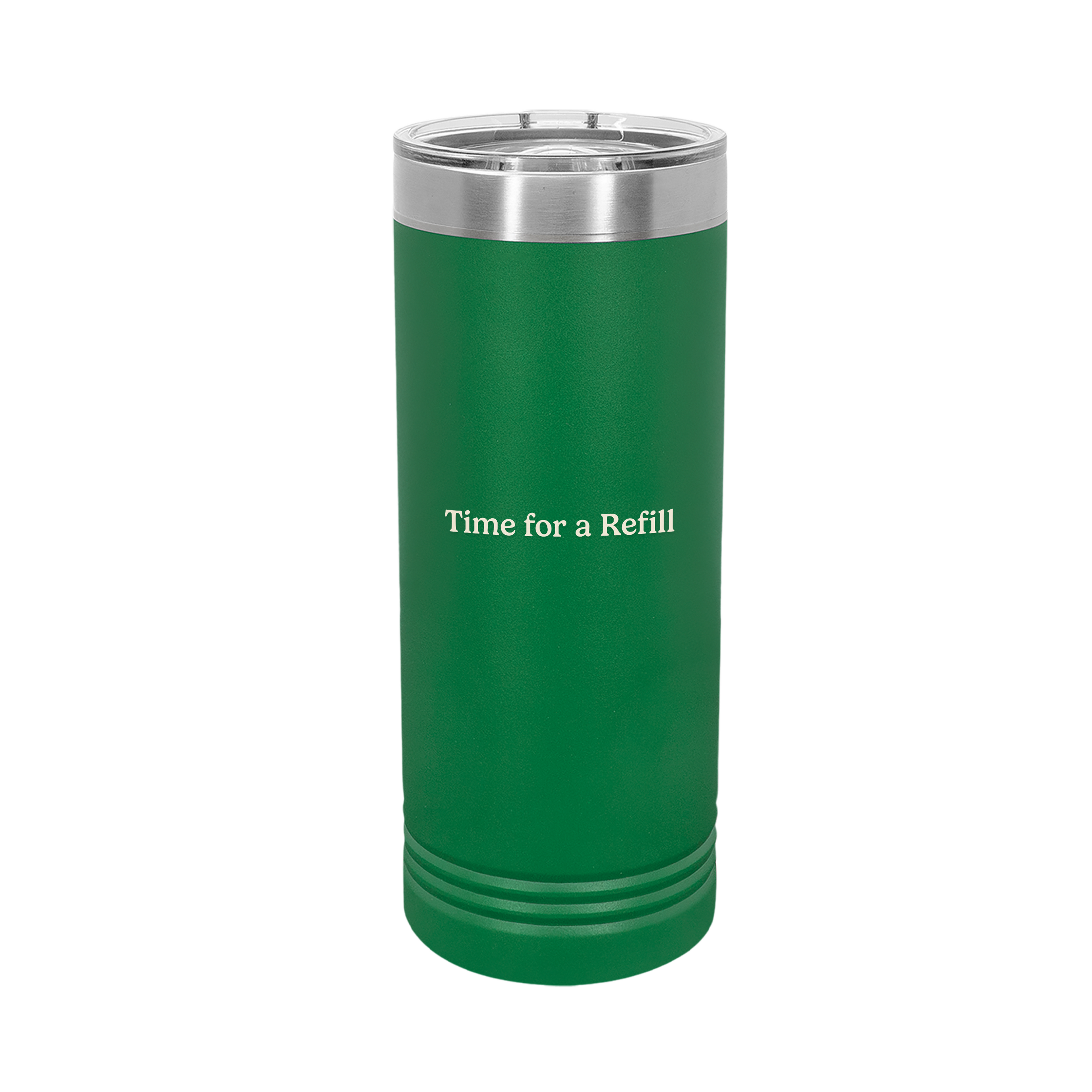 Ellianos Time for a Refill Tumbler insulated tumbler with lid, front view showing design