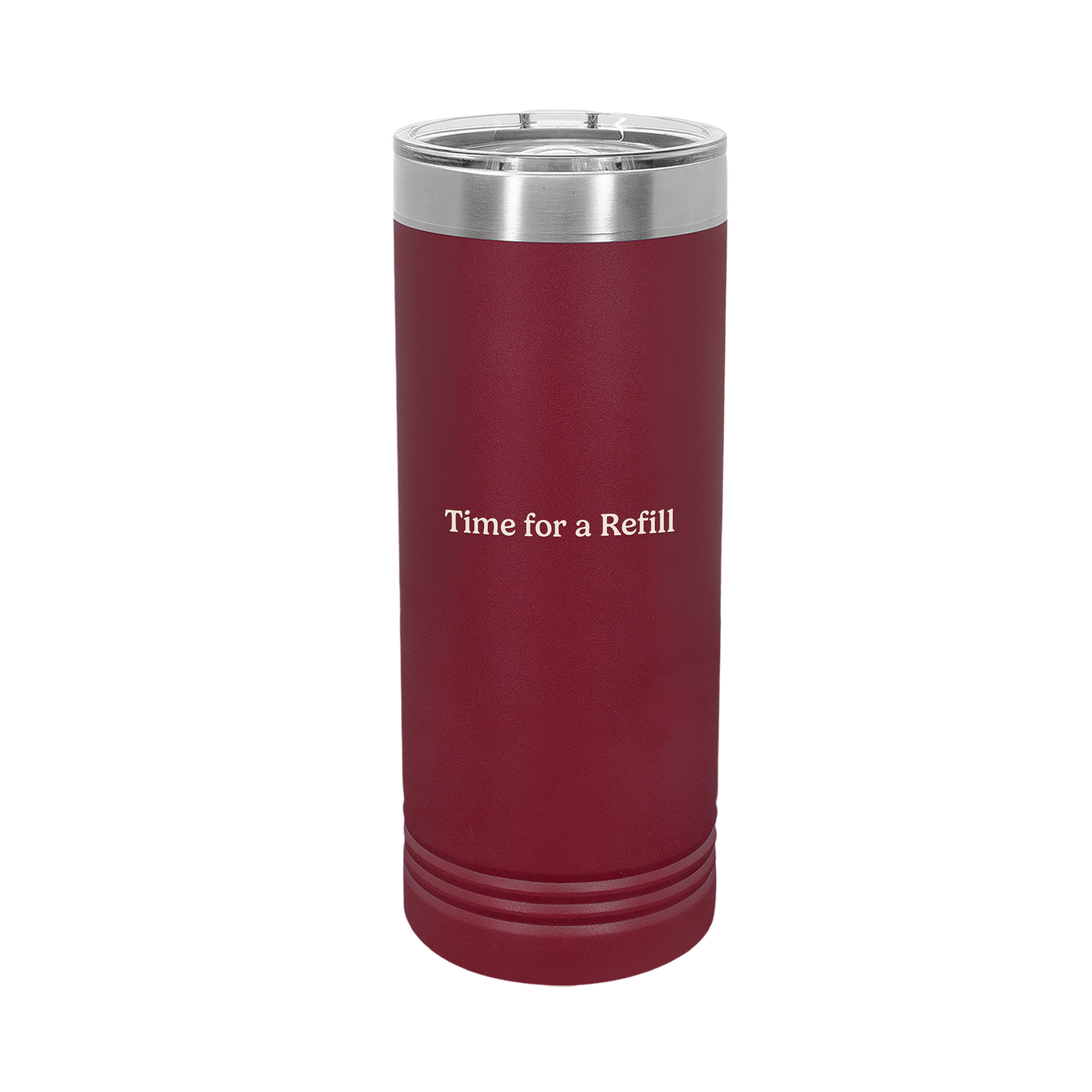 Ellianos Time for a Refill Tumbler insulated tumbler, angled view with design visible