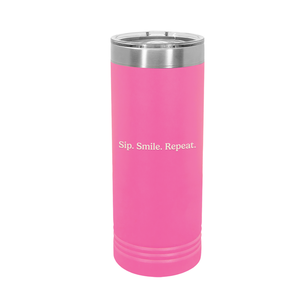 Ellianos Sip Smile Repeat Tumbler insulated tumbler, angled view with design visible