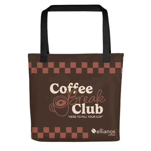 Ellianos Coffee Break Club Tote Bag tote bag in brown with all-over print design, front view