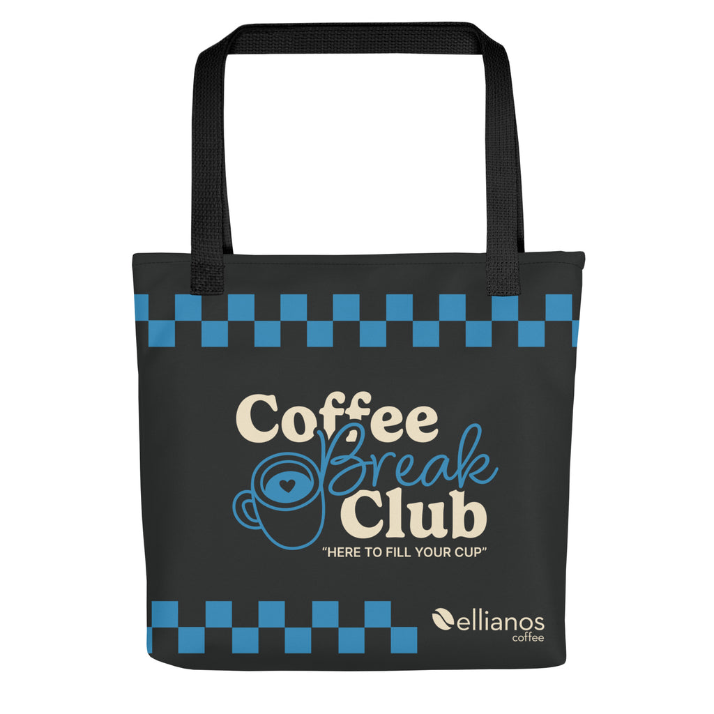 Ellianos Coffee Break Club Tote Bag tote bag in black with all-over print design, front view