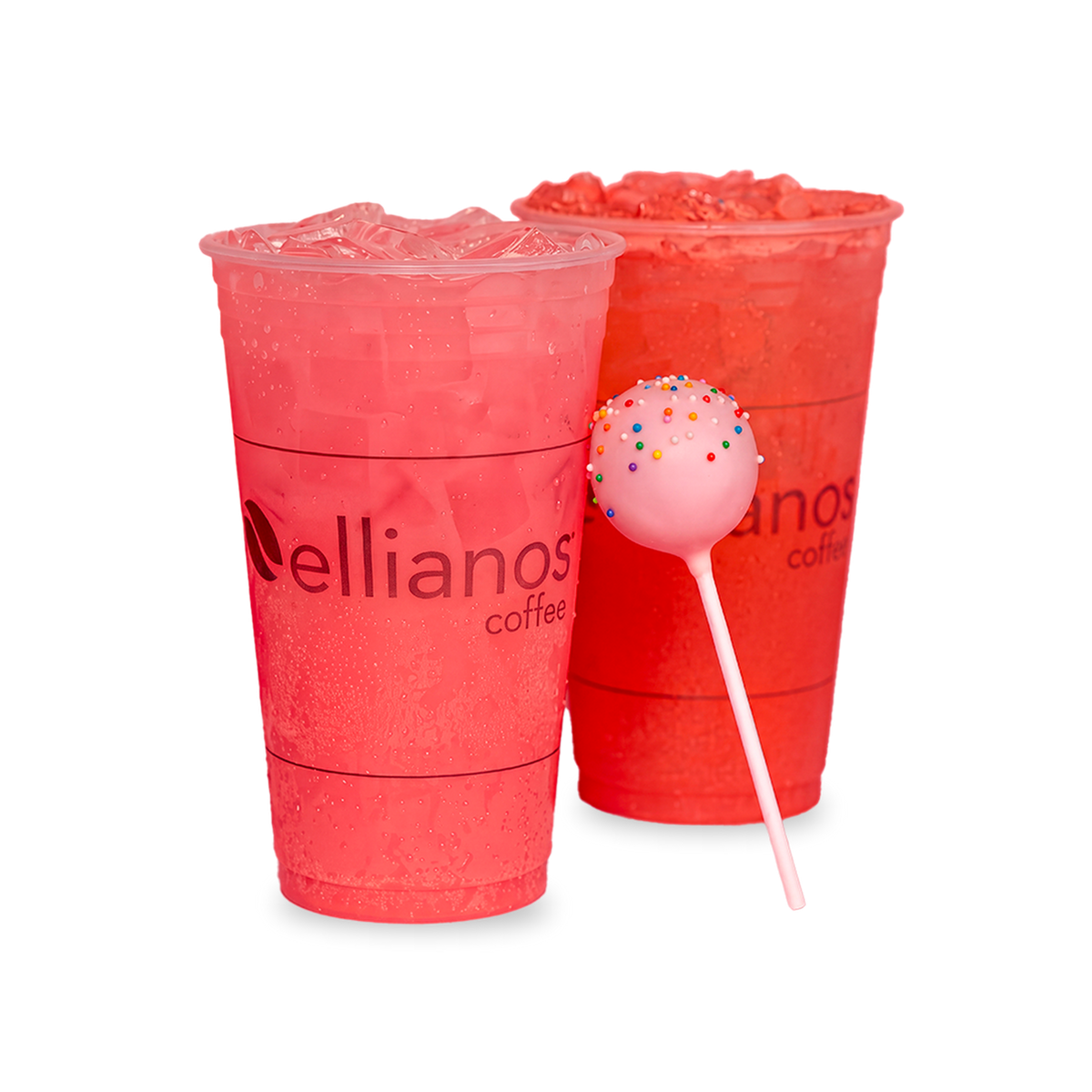 Iced and frozen Berry Strong Ellianos Energy drinks beside a pink Birthday Cake Pop
