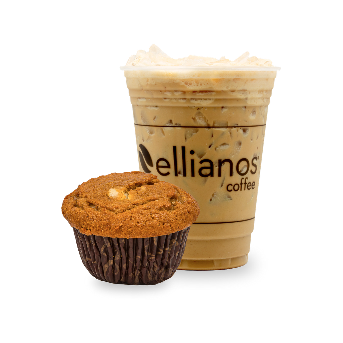 Iced Pumpkin White Mocha Joyshot beside a pumpkin cream cheese muffin