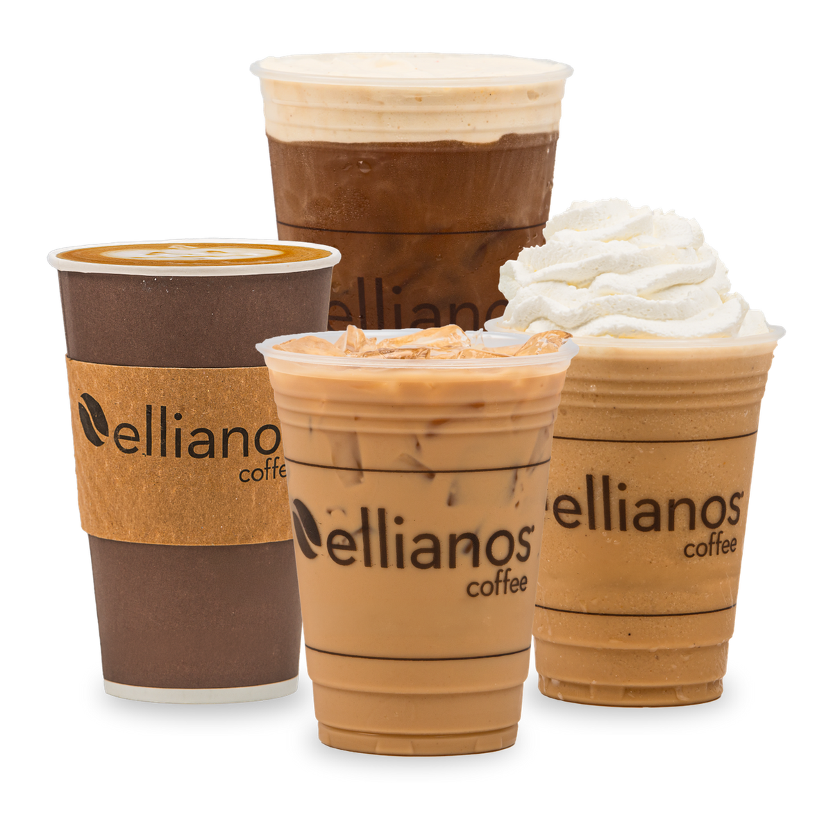 Four pumpkin drinks: a hot latte, an iced cold brew, an iced latte and a frozen drink topped with whipped cream
