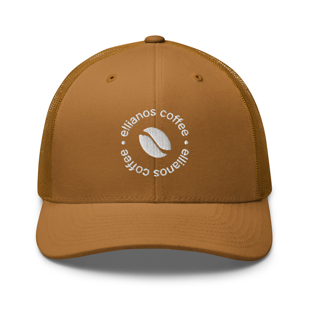 Ellianos Trucker Cap in caramel with embroidered logo, front view