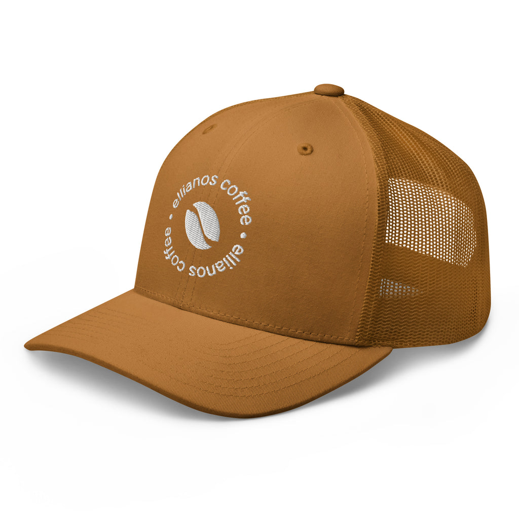 Ellianos Trucker Cap in caramel with embroidered logo, side profile view