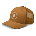 Ellianos Trucker Cap in caramel with embroidered logo, side profile view