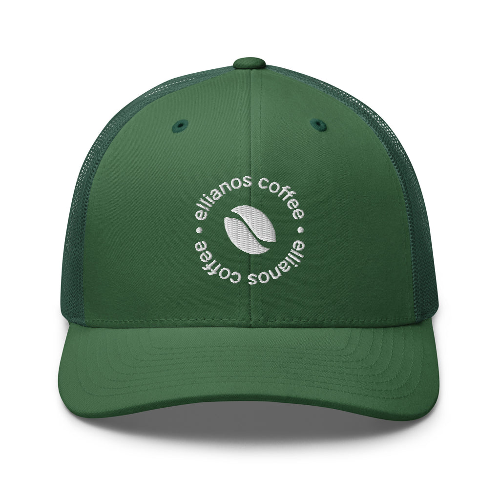 Ellianos Trucker Cap in evergreen with embroidered logo, front view