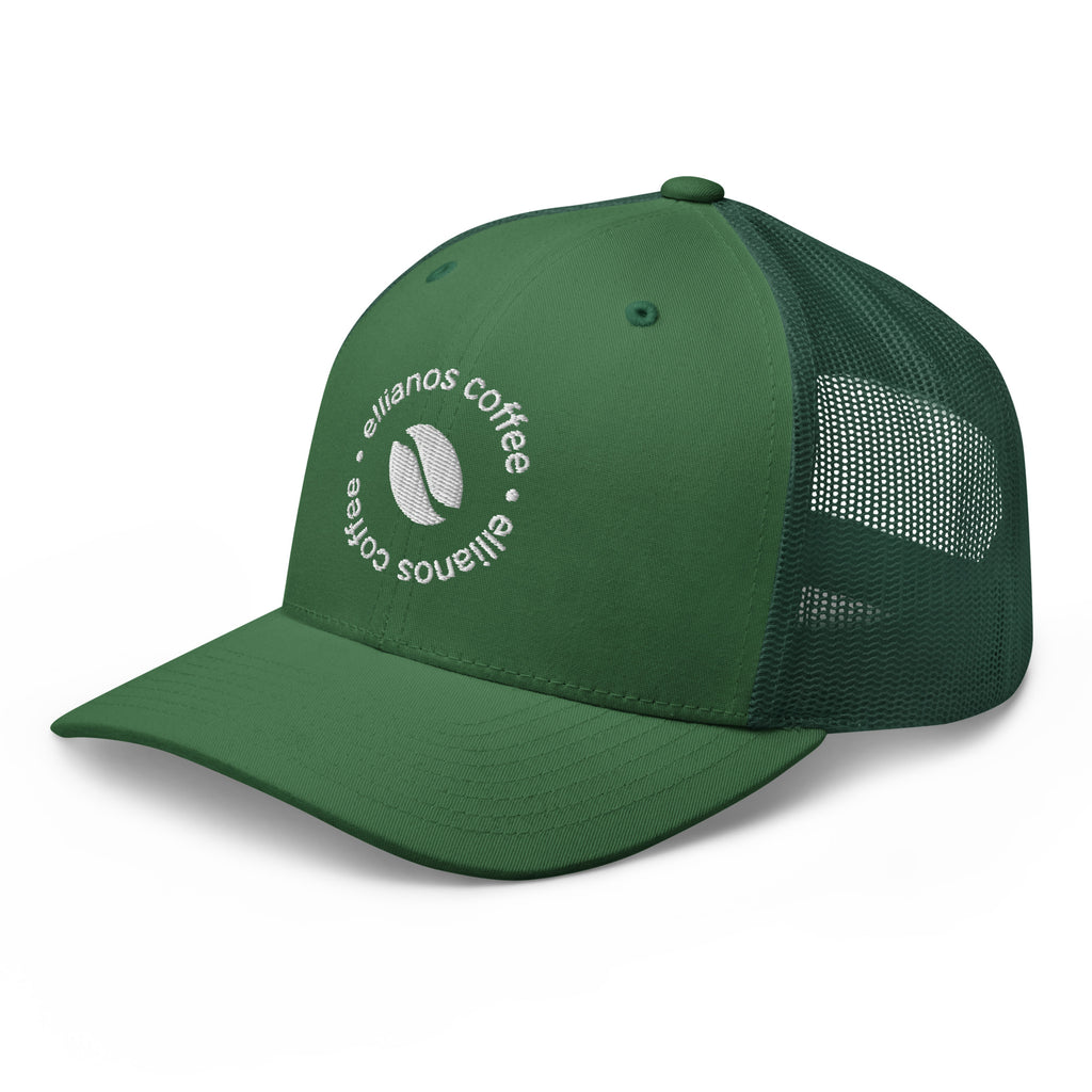 Ellianos Trucker Cap in evergreen with embroidered logo, side profile view