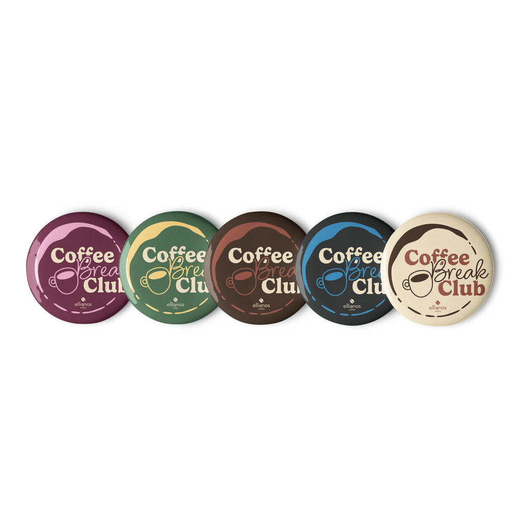 Coffee Break Club button pin set, close-up of individual pin