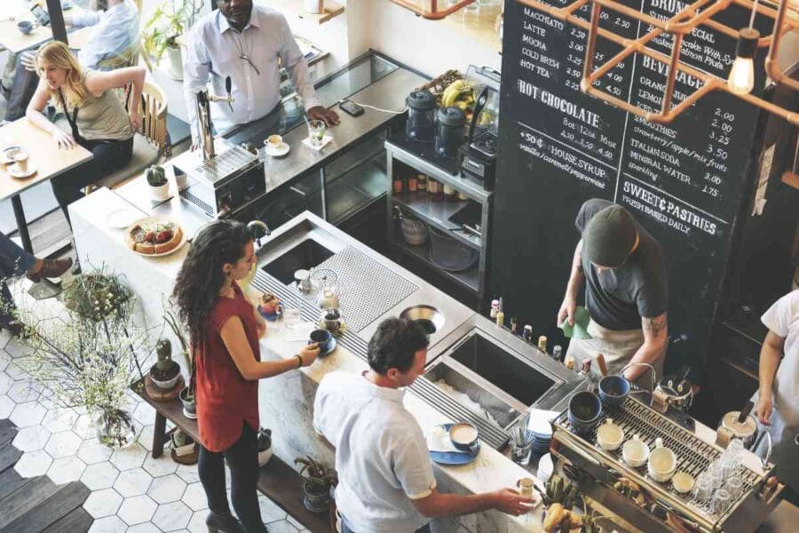 A view down on a well-lit coffee shop