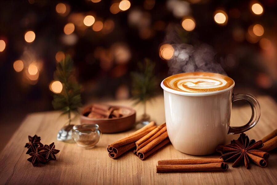 Steaming hot caramel latte in glass mug on wooden background, cinnamon sticks, Christmas mood