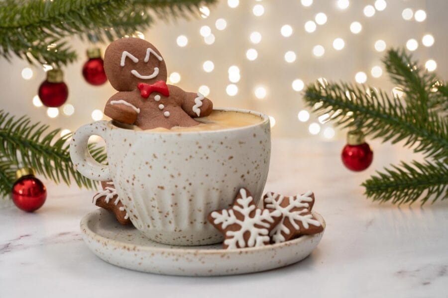 Gingerbread cookie man with a hot chocolate for Christmas.